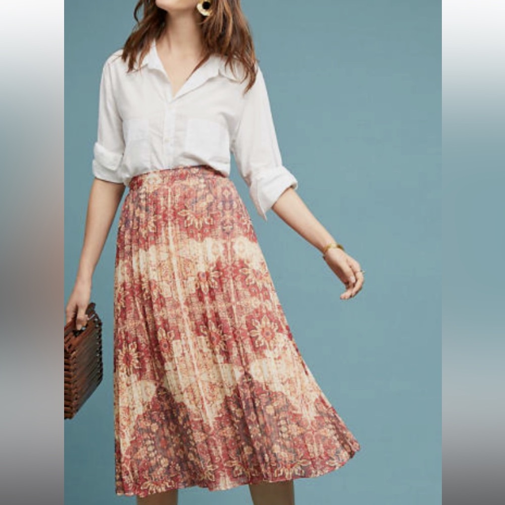 AKEMI + KIN Luna Pleated Boho Midi Printed Skirt Anthropologie Sz XL